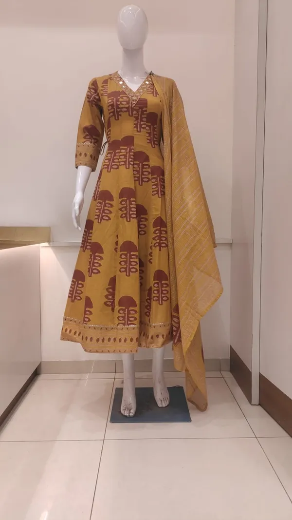 Musturd_Cotton_Onepice_Anarkali_Printed_For_Women