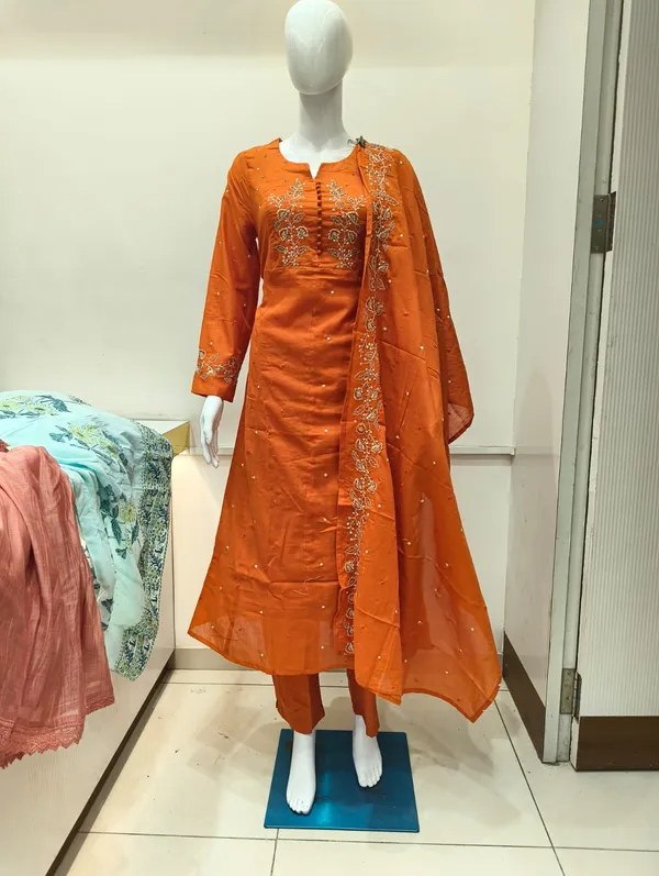 Rust_Orange_Mal_Cotton_A_Line_Kurta_Set_For_Women