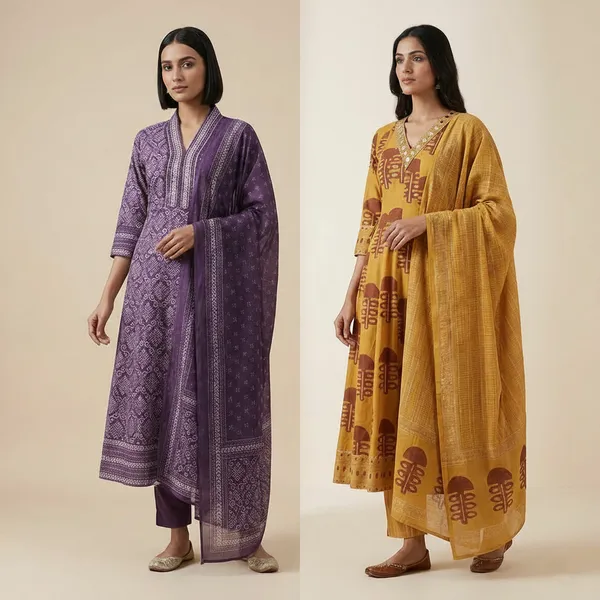 Musturd_Cotton_Onepice_Anarkali_Printed__And_Purple_Cotton_Printed_For_Women_Combo_Pack_Of_2