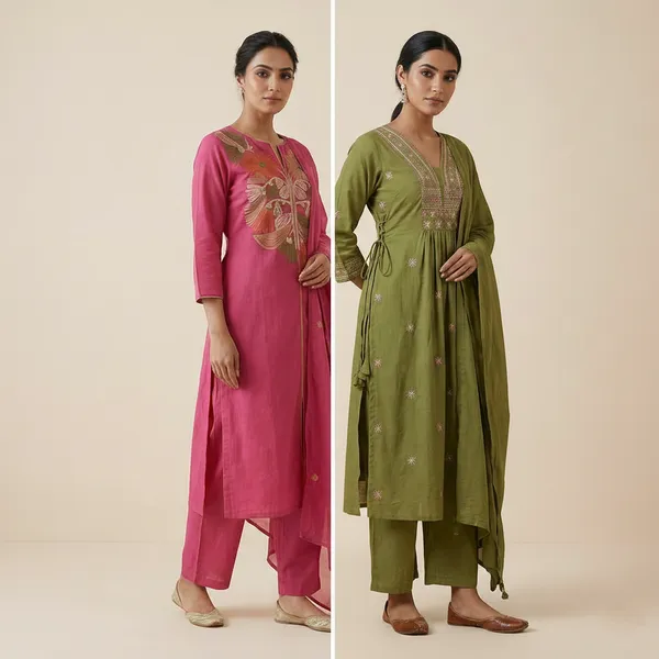 Mehandi_Green_Cotton_A_Line_Kurta_Set__And_Pink_Cotton_A_Line_Frunt_Cut_Kurta_Set_For_Women_Combo_Pack_Of_2