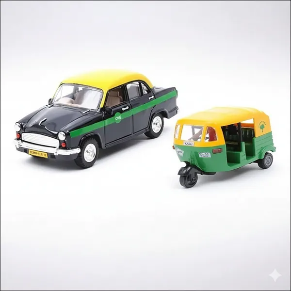 Yellow_And_Black_Pull_Back_Action_Centy_Toy_Vehicle_Set_Cng_Auto_&_Classic_Black_Ambassador_Taxi