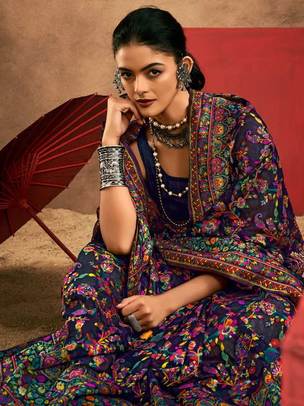 Women's_Cotton_Silk_Navy_Blue_Woven_Design_Designer_Saree_With_Blouse_Piece