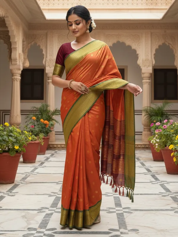 Women's_Silk_Blend_Orange_Woven_Design_Designer_Saree_With_Blouse_Piece