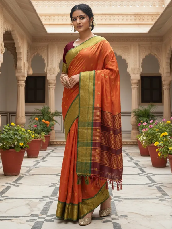 Women's_Silk_Blend_Orange_Woven_Design_Designer_Saree_With_Blouse_Piece