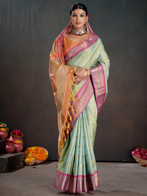 Women's_Silk_Blend_Aqua_Blue_Woven_Design_Designer_Saree_With_Blouse_Piece