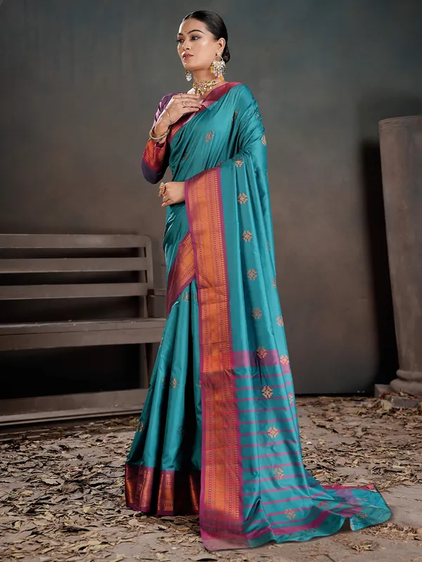 Women's_Silk_Blend_Turquoise_Woven_Design_Designer_Saree_With_Blouse_Piece