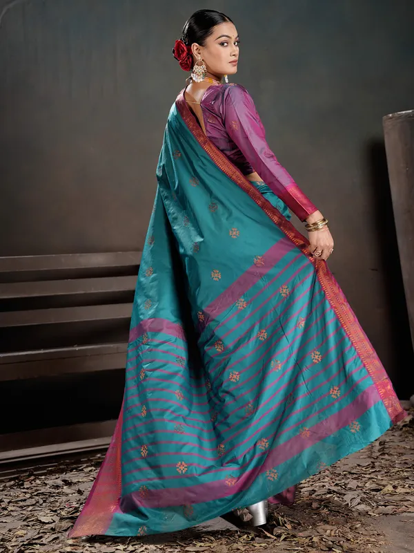 Women's_Silk_Blend_Turquoise_Woven_Design_Designer_Saree_With_Blouse_Piece