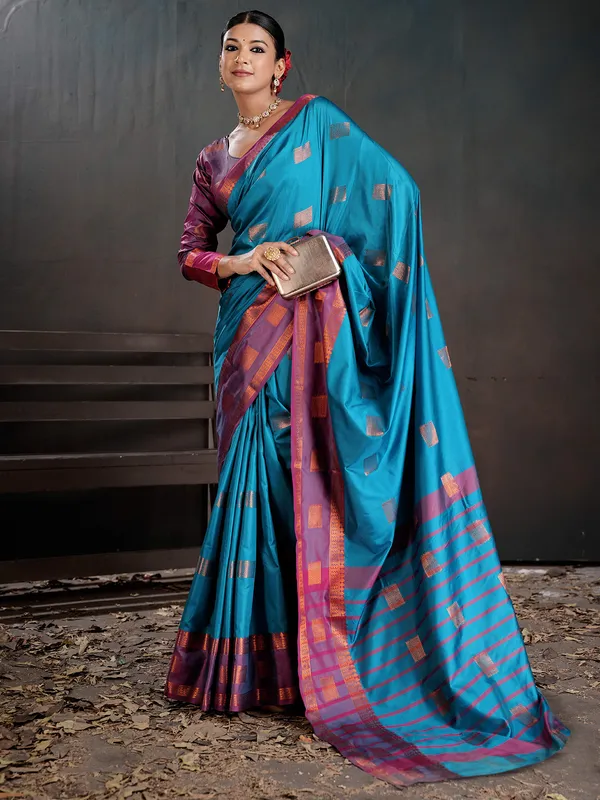 Women's_Silk_Blend_Turquoise_Woven_Design_Designer_Saree_With_Blouse_Piece