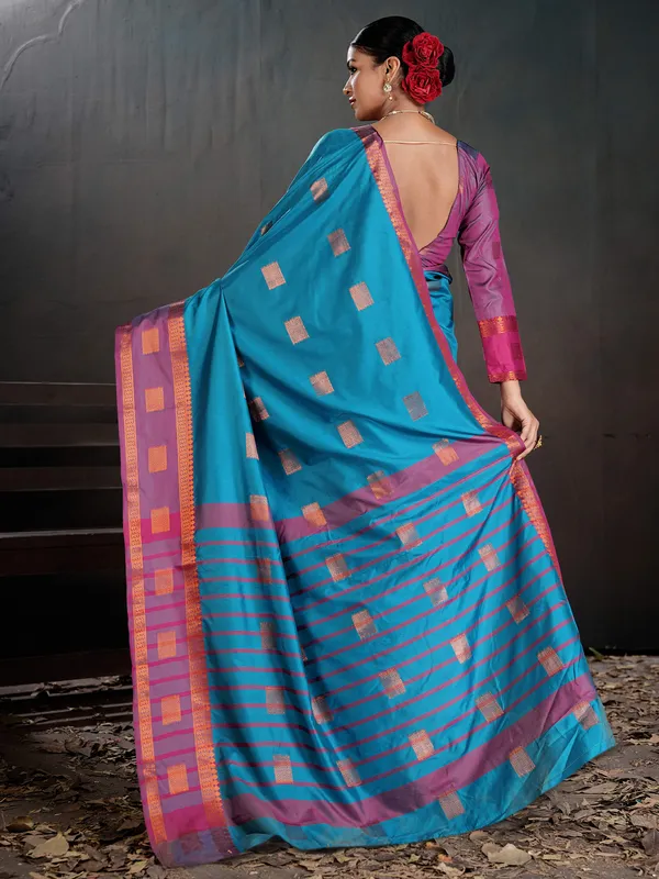 Women's_Silk_Blend_Turquoise_Woven_Design_Designer_Saree_With_Blouse_Piece