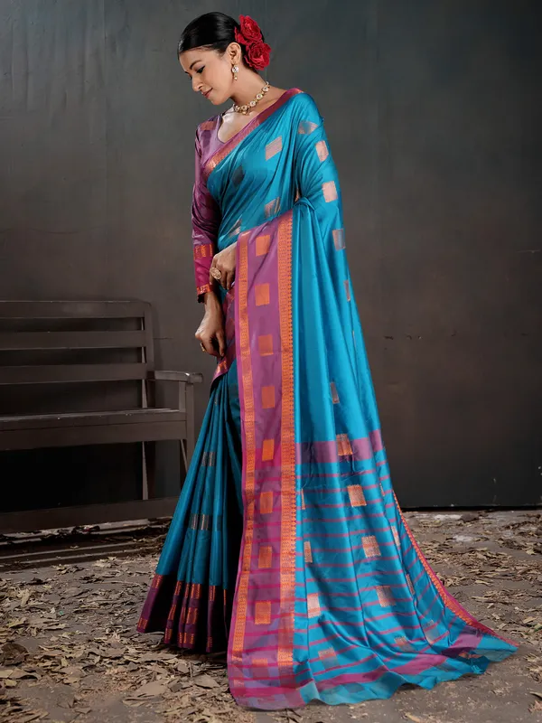 Women's_Silk_Blend_Turquoise_Woven_Design_Designer_Saree_With_Blouse_Piece