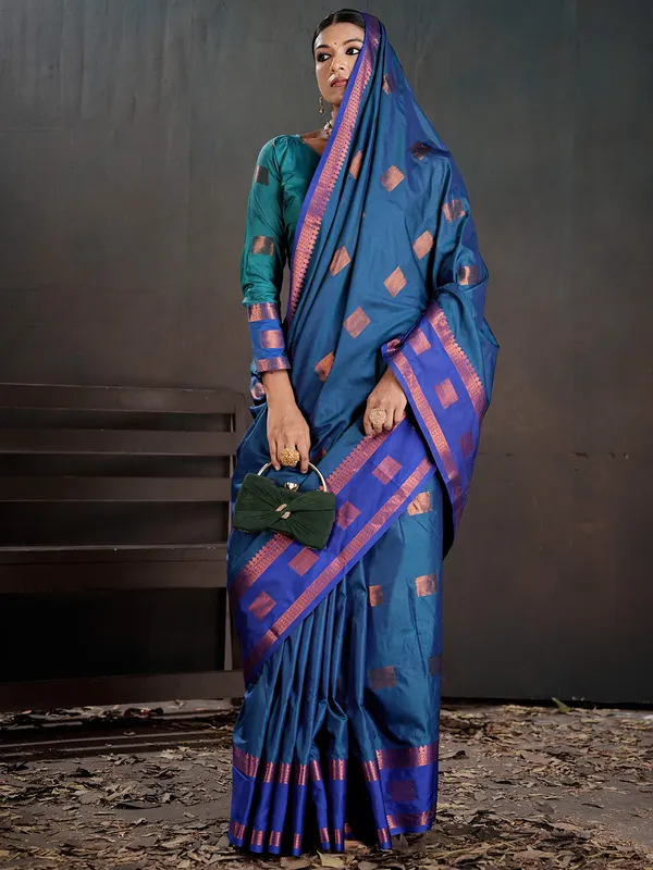Women's_Silk_Blend_Blue_Woven_Design_Designer_Saree_With_Blouse_Piece