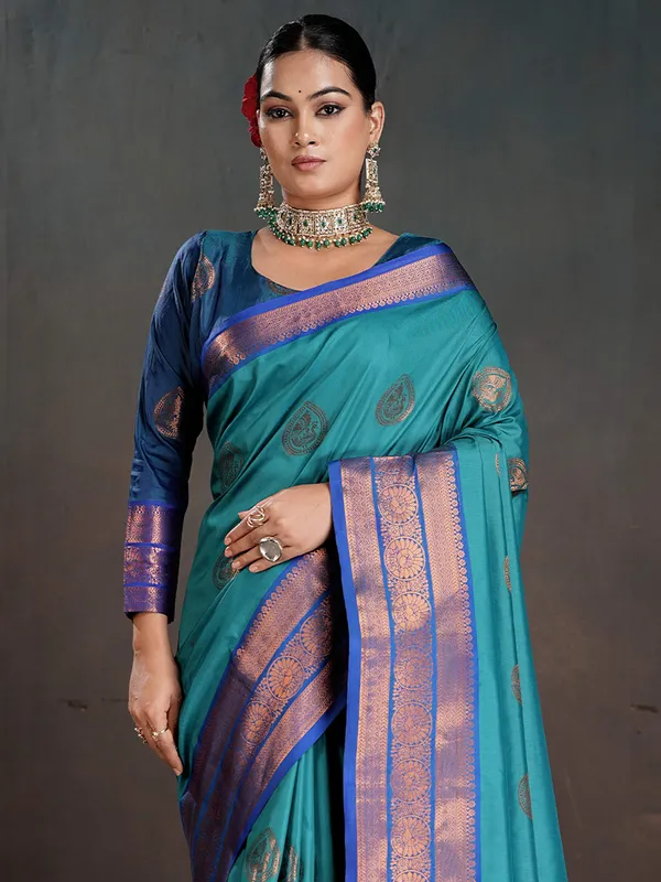 Women's_Silk_Blend_Turquoise_Woven_Design_Designer_Saree_With_Blouse_Piece