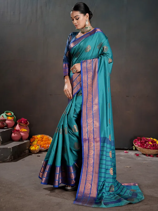 Women's_Silk_Blend_Turquoise_Woven_Design_Designer_Saree_With_Blouse_Piece
