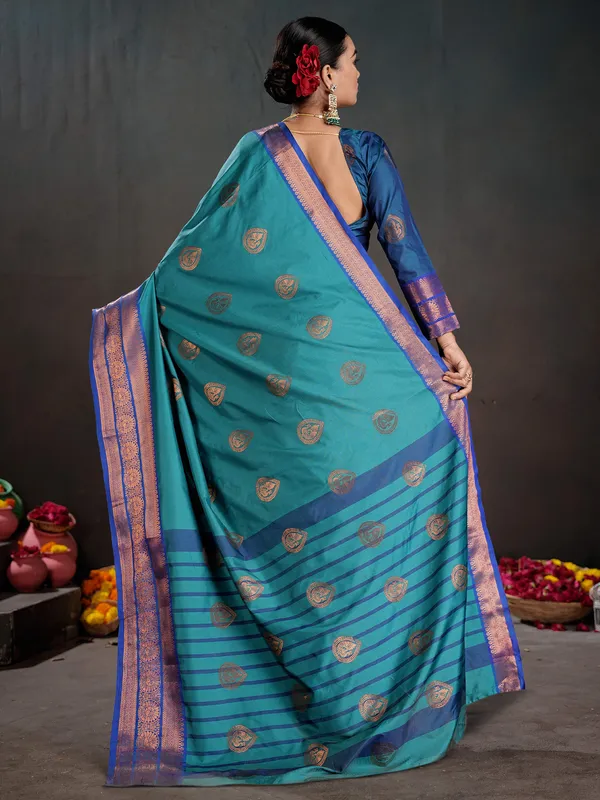 Women's_Silk_Blend_Turquoise_Woven_Design_Designer_Saree_With_Blouse_Piece