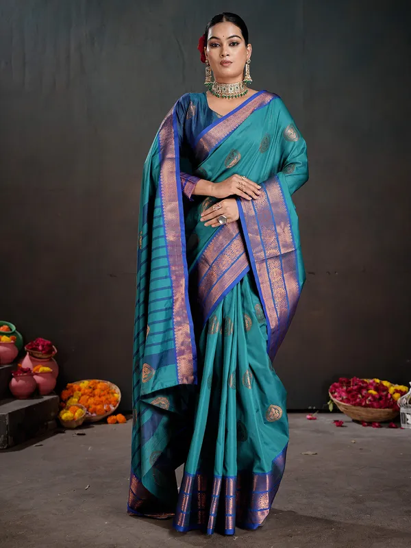 Women's_Silk_Blend_Turquoise_Woven_Design_Designer_Saree_With_Blouse_Piece