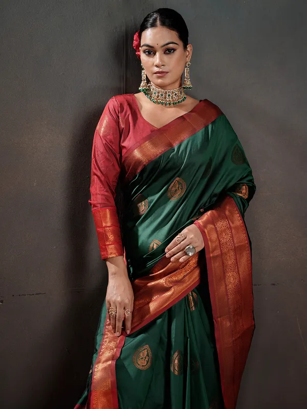 Women's_Silk_Blend_Dark_Green_Woven_Design_Designer_Saree_With_Blouse_Piece