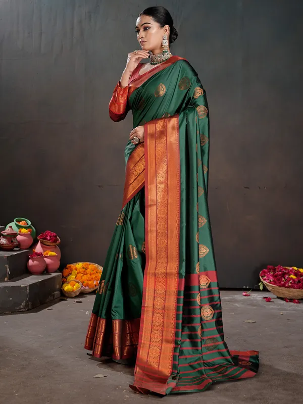 Women's_Silk_Blend_Dark_Green_Woven_Design_Designer_Saree_With_Blouse_Piece