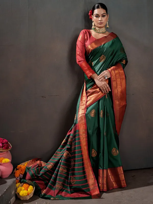 Women's_Silk_Blend_Dark_Green_Woven_Design_Designer_Saree_With_Blouse_Piece