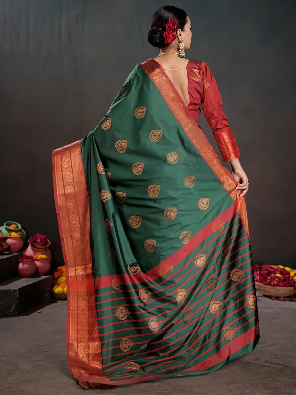 Women's_Silk_Blend_Dark_Green_Woven_Design_Designer_Saree_With_Blouse_Piece