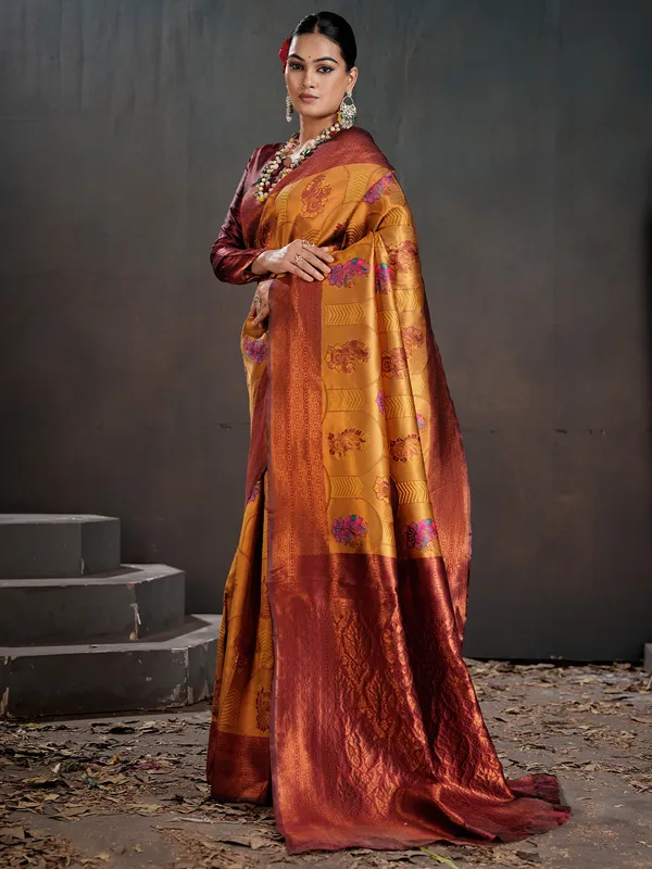 Women's_Silk_Blend_Orange_Woven_Design_Designer_Saree_With_Blouse_Piece