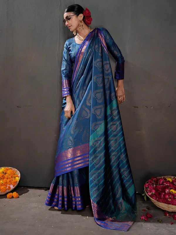 Women's_Silk_Blend_Blue_Woven_Design_Designer_Saree_With_Blouse_Piece