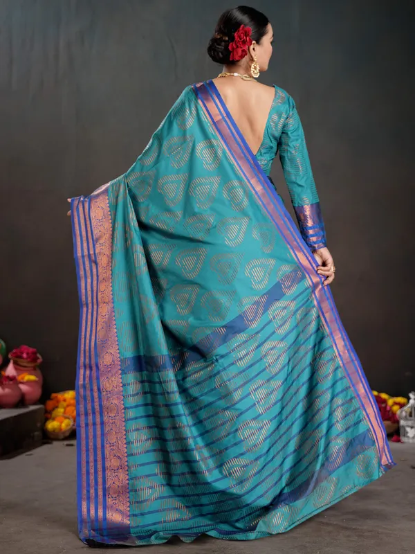 Women's_Silk_Blend_Turquoise_Woven_Design_Designer_Saree_With_Blouse_Piece