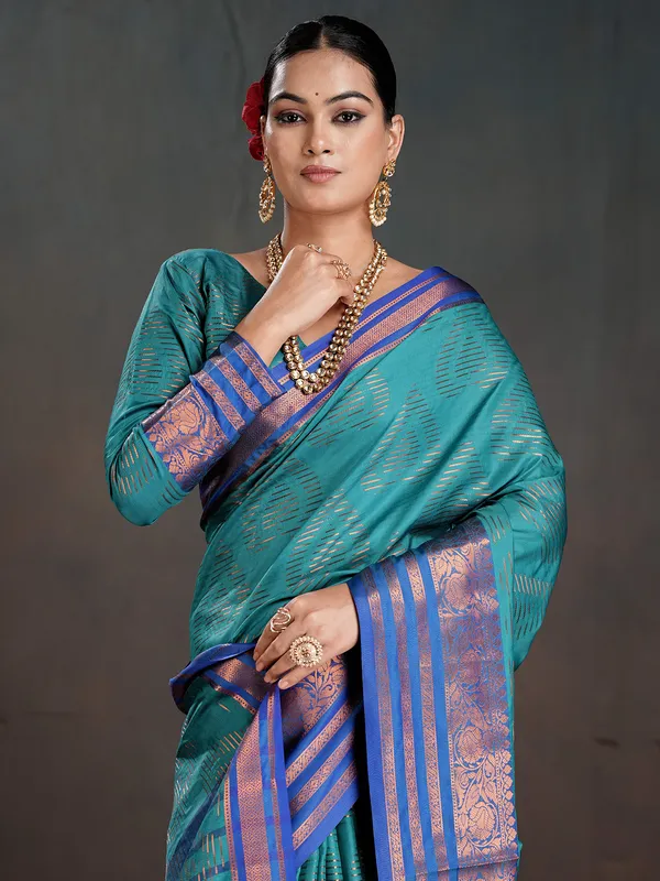 Women's_Silk_Blend_Turquoise_Woven_Design_Designer_Saree_With_Blouse_Piece