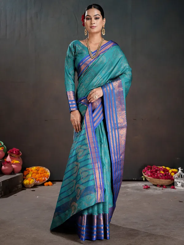 Women's_Silk_Blend_Turquoise_Woven_Design_Designer_Saree_With_Blouse_Piece