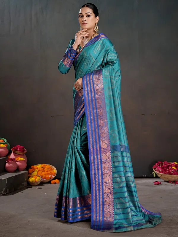 Women's_Silk_Blend_Turquoise_Woven_Design_Designer_Saree_With_Blouse_Piece