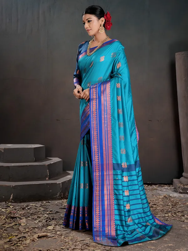Women's_Silk_Blend_Turquoise_Woven_Design_Designer_Saree_With_Blouse_Piece