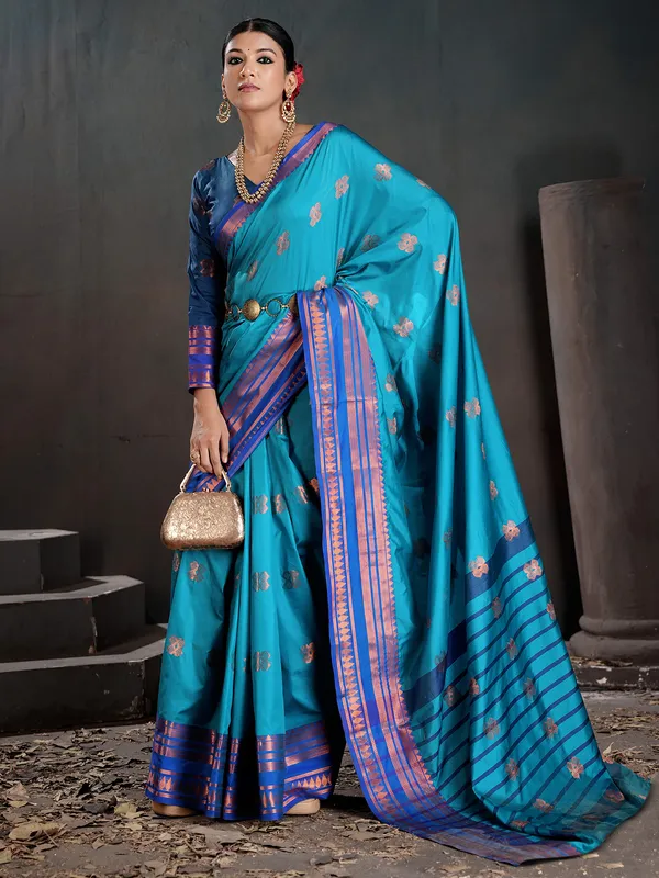 Women's_Silk_Blend_Turquoise_Woven_Design_Designer_Saree_With_Blouse_Piece