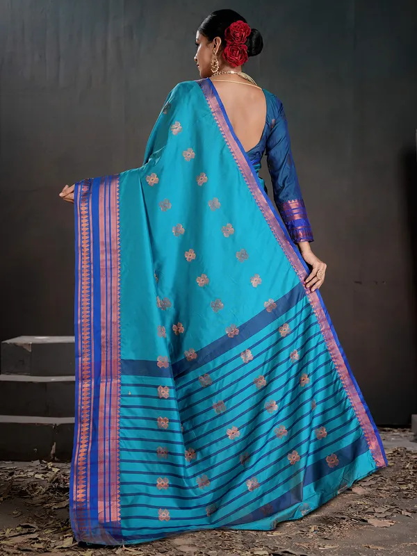 Women's_Silk_Blend_Turquoise_Woven_Design_Designer_Saree_With_Blouse_Piece