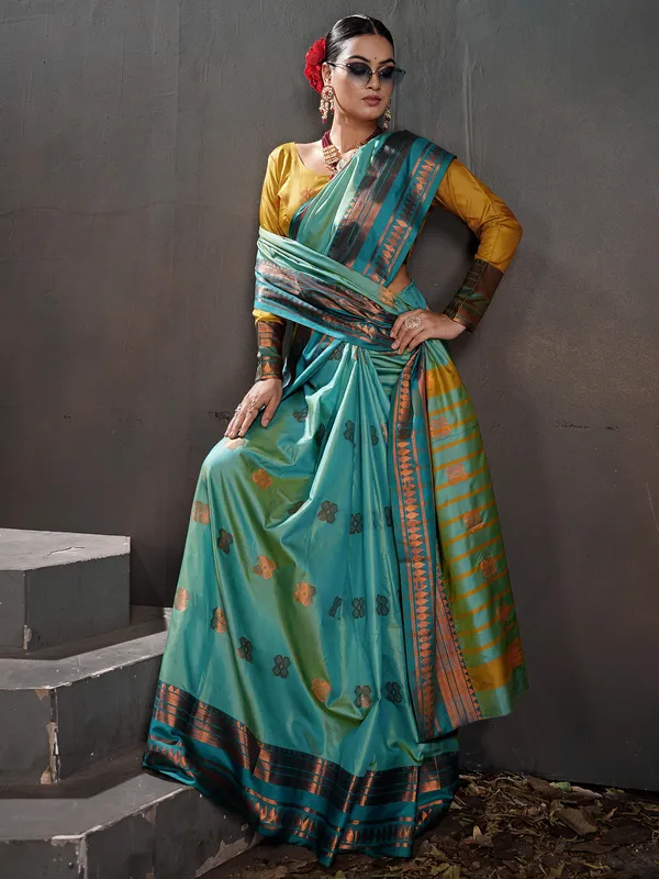 Women's_Silk_Blend_Sea_Green_Woven_Design_Designer_Saree_With_Blouse_Piece