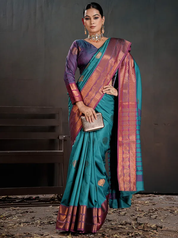 Women's_Silk_Blend_Turquoise_Woven_Design_Designer_Saree_With_Blouse_Piece