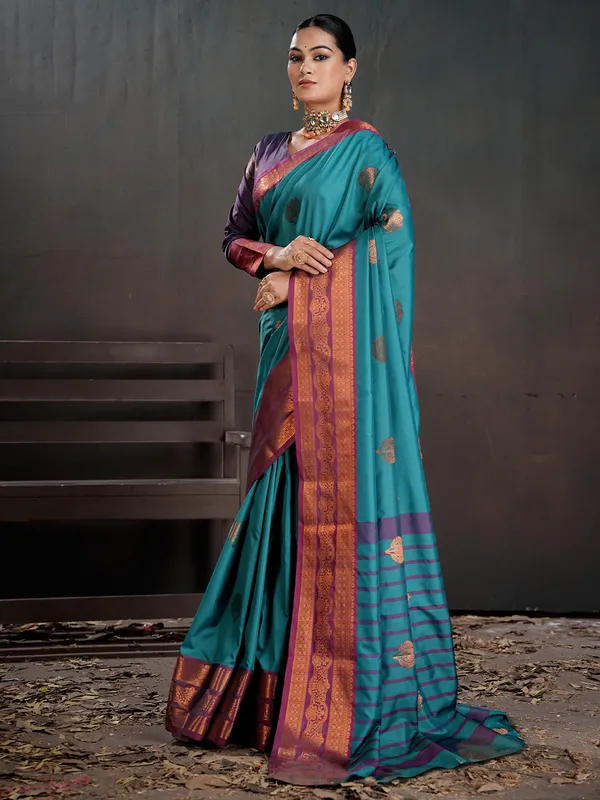 Women's_Silk_Blend_Turquoise_Woven_Design_Designer_Saree_With_Blouse_Piece