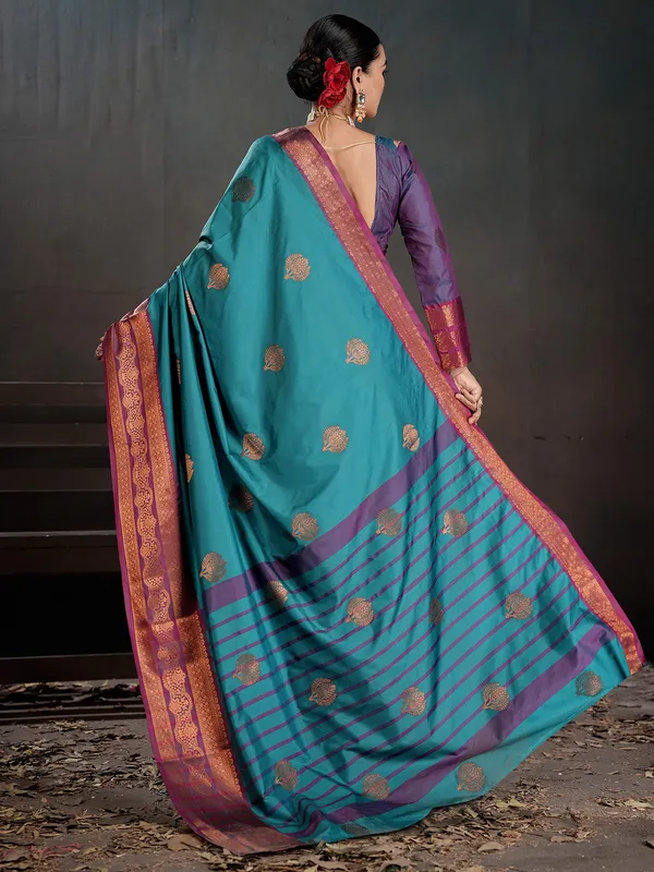 Women's_Silk_Blend_Turquoise_Woven_Design_Designer_Saree_With_Blouse_Piece