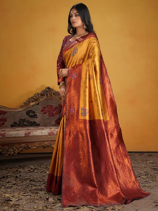 Women's_Silk_Blend_Orange_Woven_Design_Designer_Saree_With_Blouse_Piece