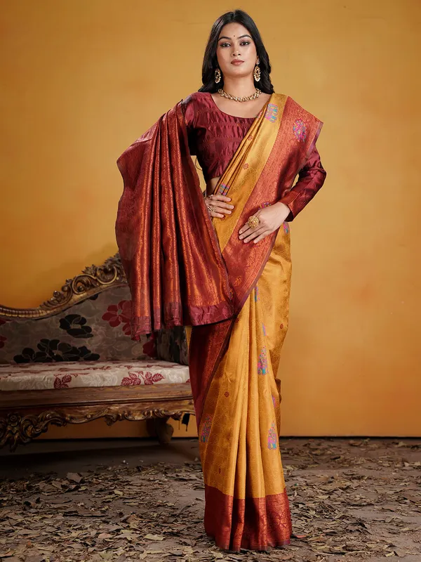 Women's_Silk_Blend_Orange_Woven_Design_Designer_Saree_With_Blouse_Piece