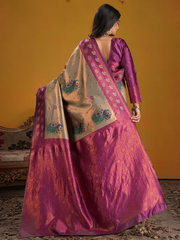 Women's_Silk_Blend_Rose_Gold_Woven_Design_Designer_Saree_With_Blouse_Piece