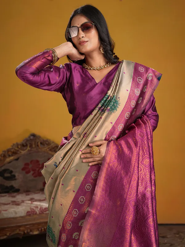 Women's_Silk_Blend_Rose_Gold_Woven_Design_Designer_Saree_With_Blouse_Piece