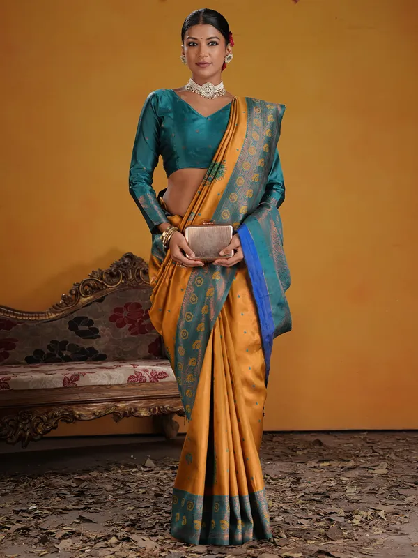 Women's_Silk_Blend_Mustard_Woven_Design_Designer_Saree_With_Blouse_Piece
