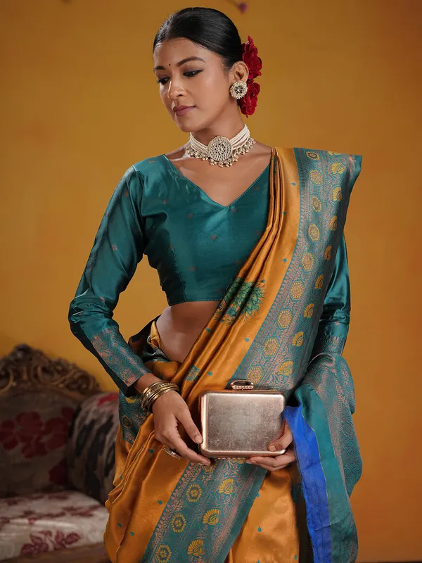 Women's_Silk_Blend_Mustard_Woven_Design_Designer_Saree_With_Blouse_Piece