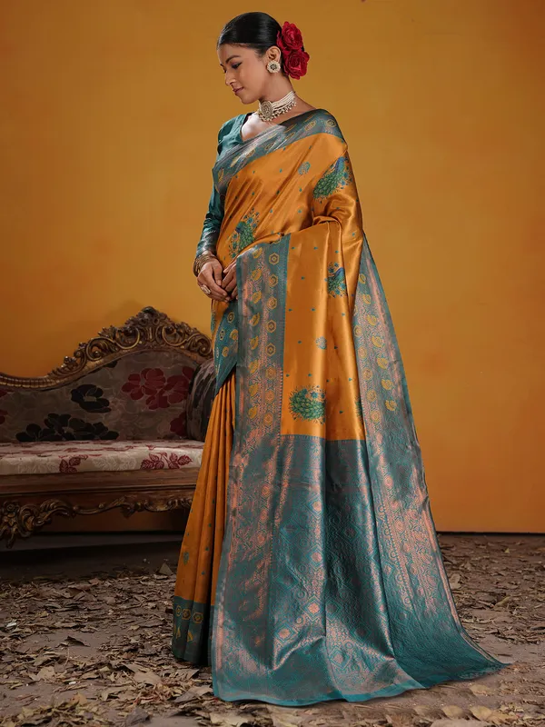 Women's_Silk_Blend_Mustard_Woven_Design_Designer_Saree_With_Blouse_Piece