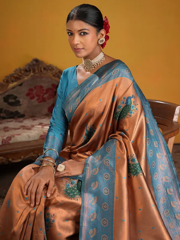 Women's_Silk_Blend_Rust_Woven_Design_Designer_Saree_With_Blouse_Piece