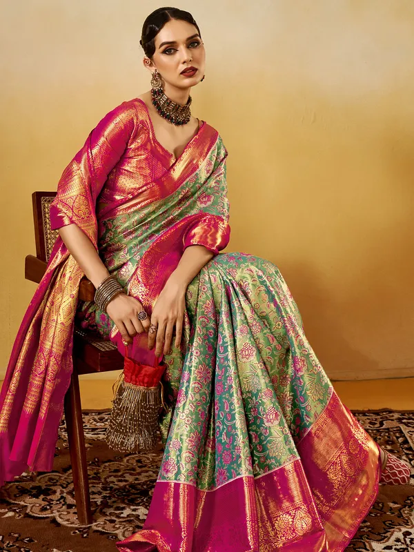 Women's_Silk_Blend_Turquoise_Woven_Design_Designer_Saree_With_Blouse_Piece