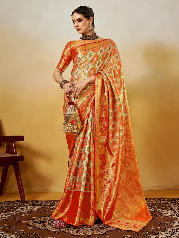 Women's_Silk_Blend_Orange_Woven_Design_Designer_Saree_With_Blouse_Piece
