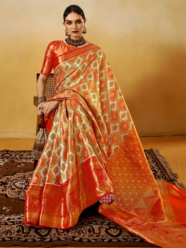 Women's_Silk_Blend_Orange_Woven_Design_Designer_Saree_With_Blouse_Piece