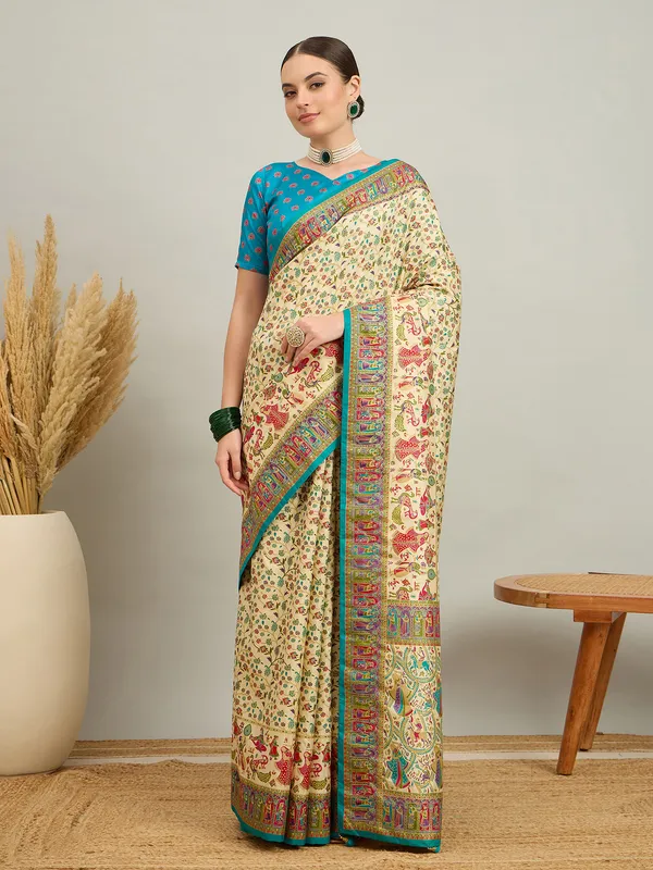 Women's_Silk_Blend_Cream_Digital_Print_Designer_Saree_With_Blouse_Piece