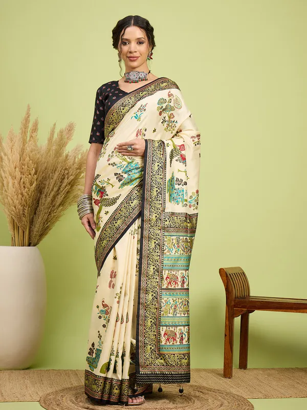 Women's_Silk_Blend_Cream_Digital_Print_Designer_Saree_With_Blouse_Piece