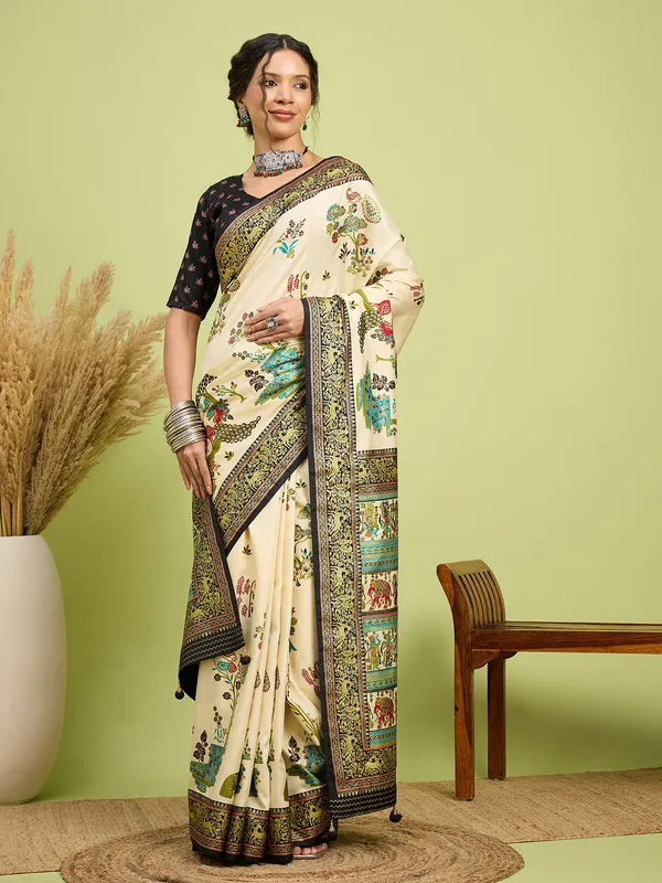 Women's_Silk_Blend_Cream_Digital_Print_Designer_Saree_With_Blouse_Piece